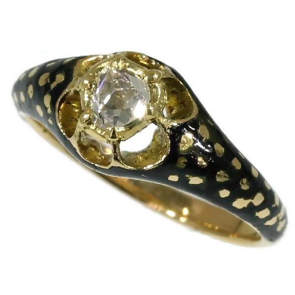 Biedermeier black enameled rose cut diamond mourning ring